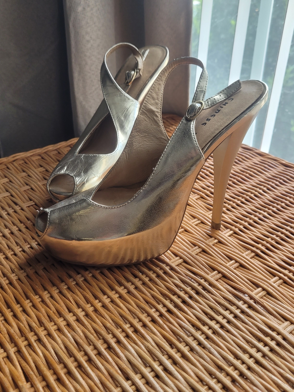 Chinese Laundry Silver Metallic Peep-Toe Platform Slingback Heels